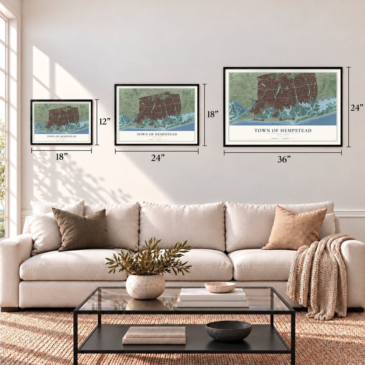 Town of Hempstead, New York map in 12 x 18, 18 x 24 and 24 x 36 inch sizes above a sofa