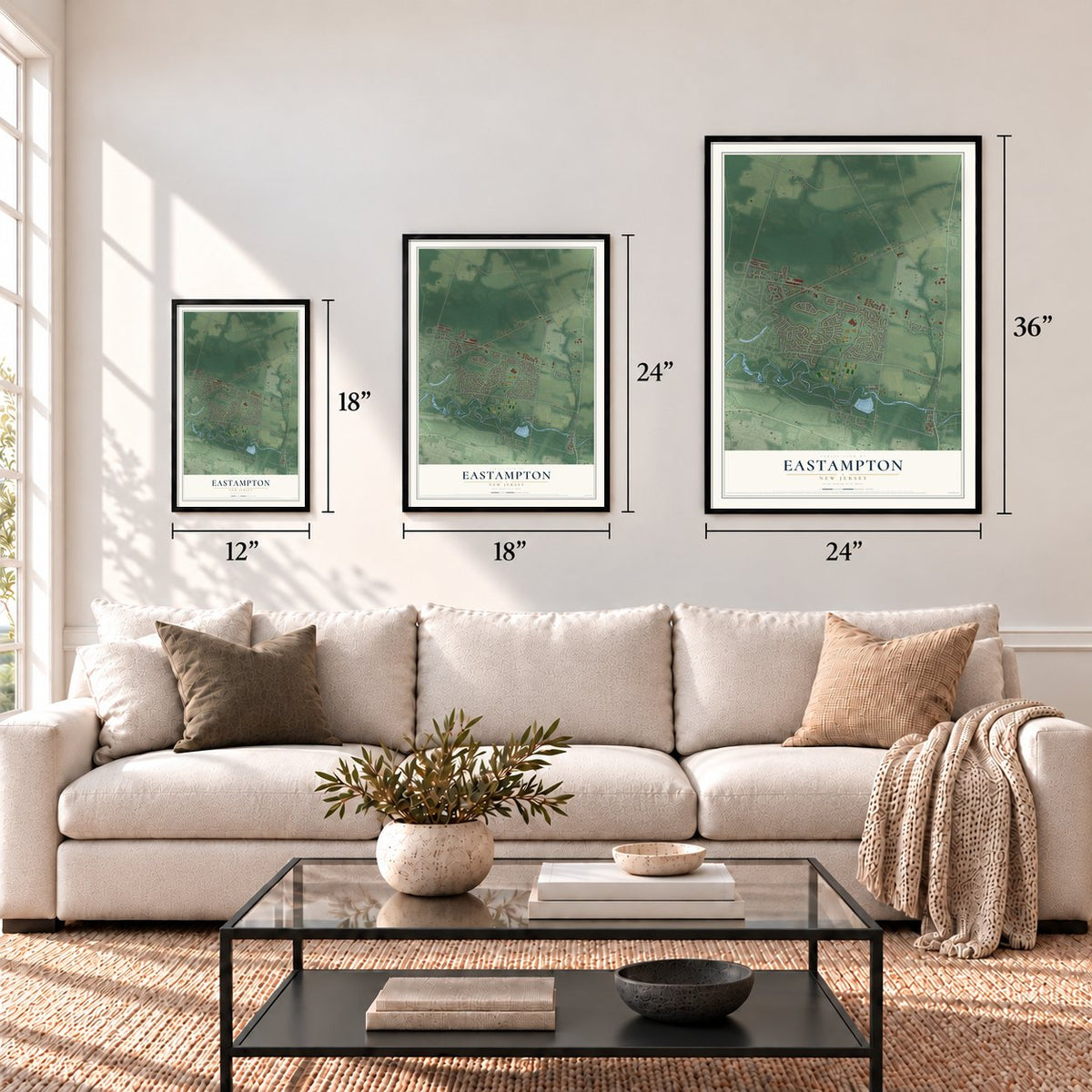 Eastampton, New Jersey map in 12 x 18, 18 x 24 and 24 x 36 inch sizes above a sofa