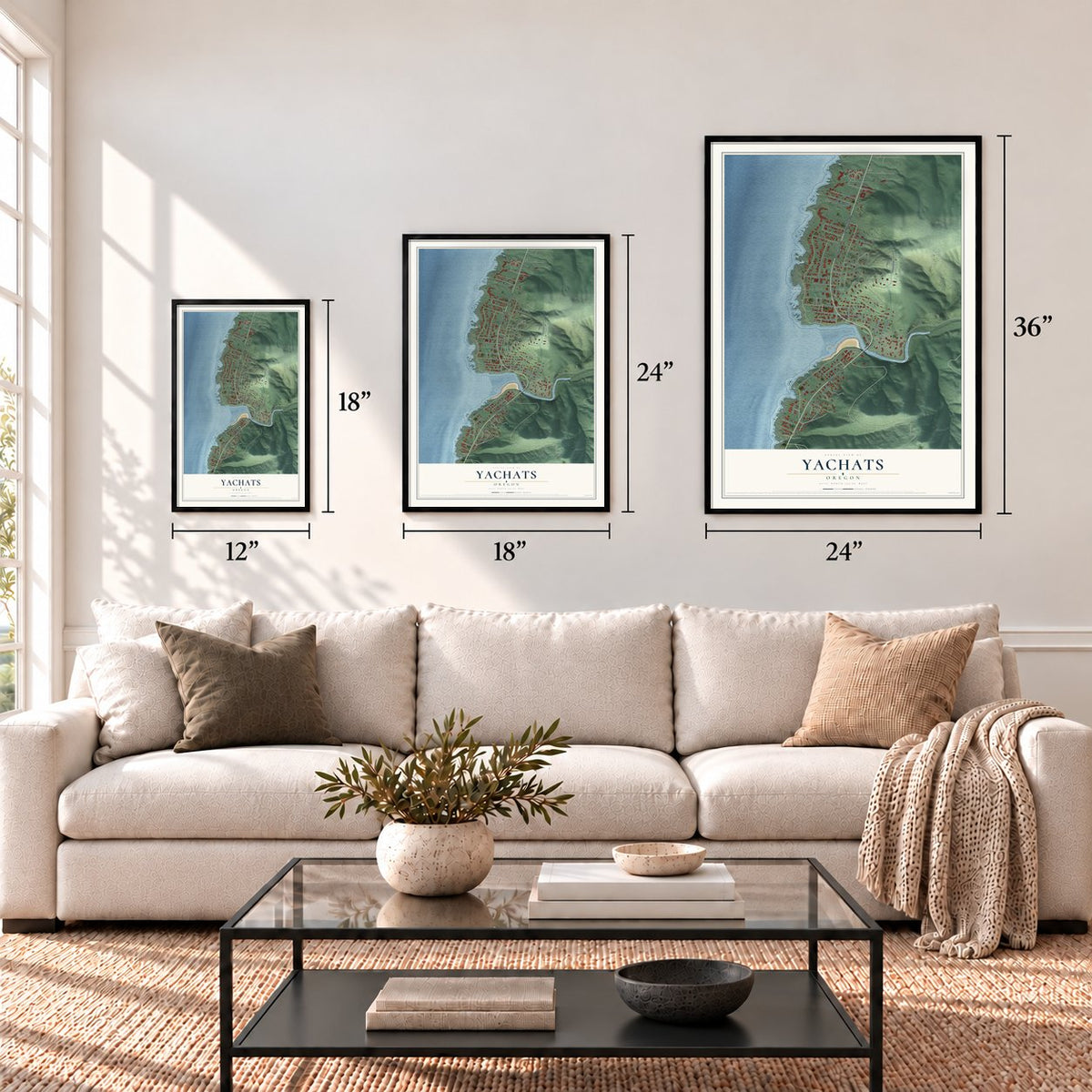 Yachats, Oregon map in 12 x 18, 18 x 24 and 24 x 36 inch sizes above a sofa
