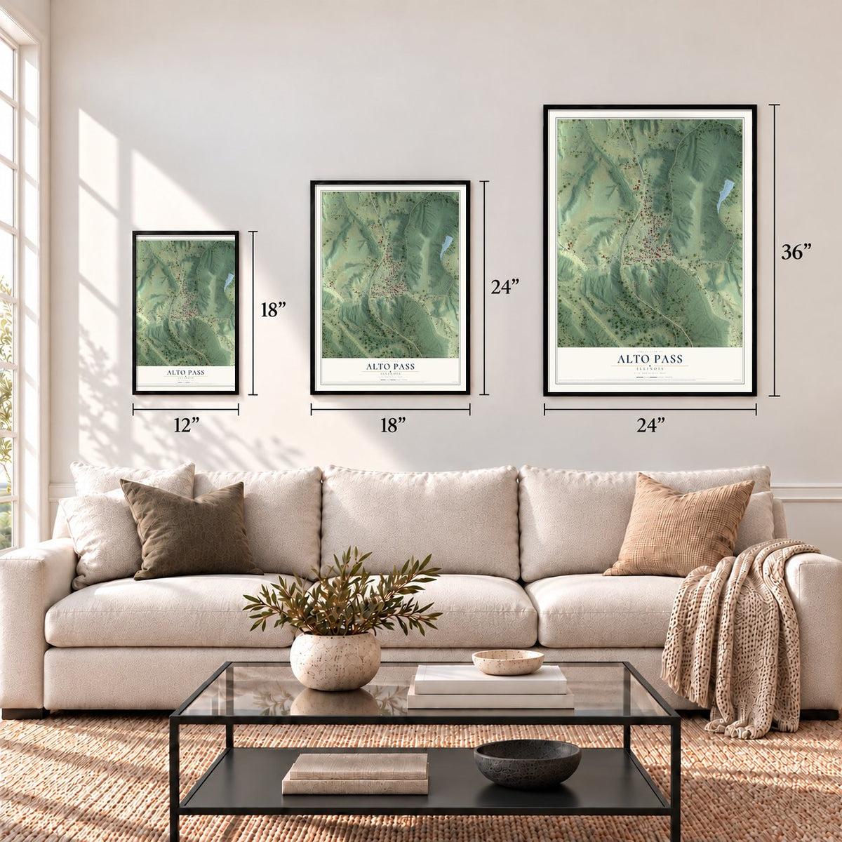 Alto Pass, Illinois map in 12 x 18, 18 x 24 and 24 x 36 inch sizes above a sofa