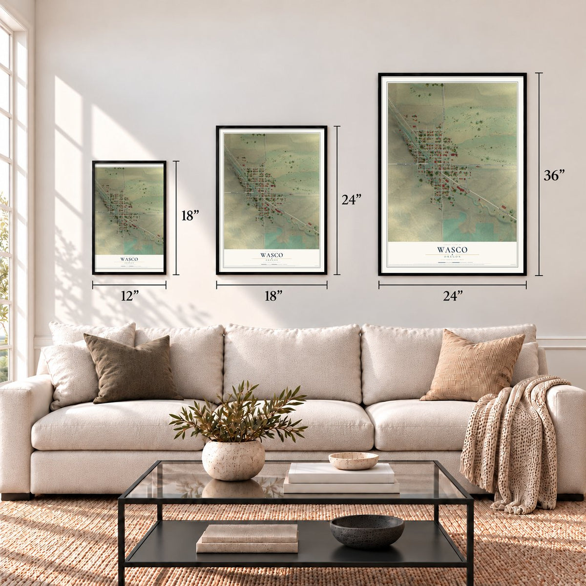 Wasco, Oregon map in 12 x 18, 18 x 24 and 24 x 36 inch sizes above a sofa