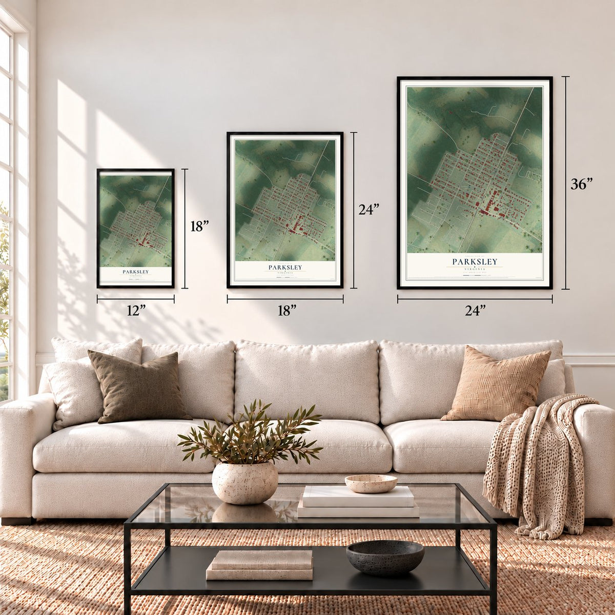 Parksley, Virginia map in 12 x 18, 18 x 24 and 24 x 36 inch sizes above a sofa