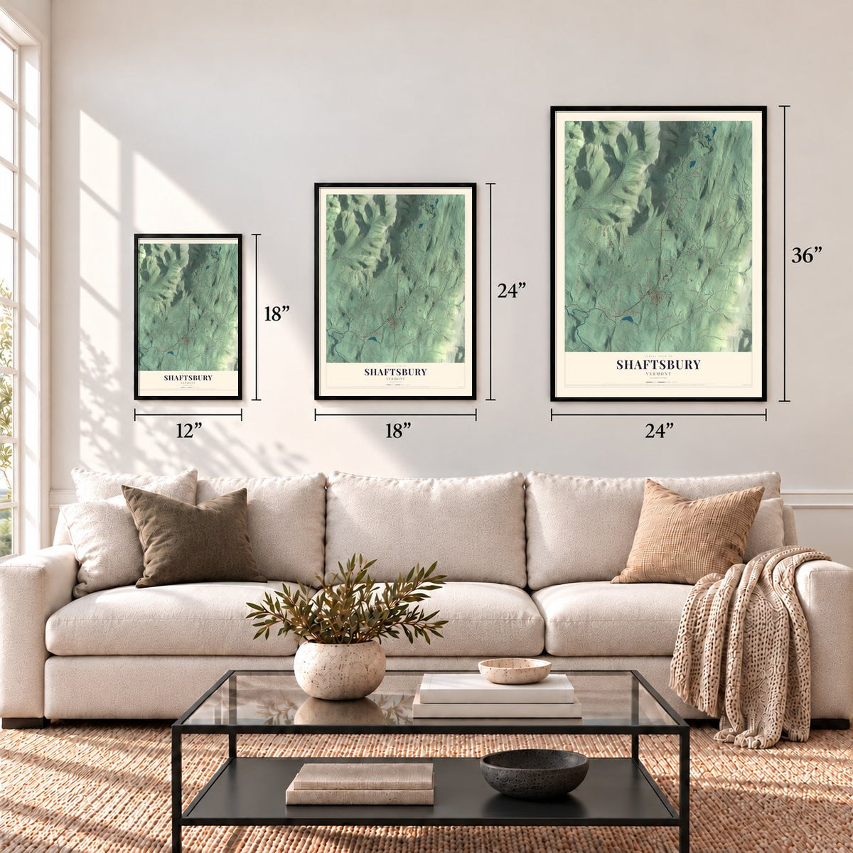 Shaftsbury, Vermont map in 12 x 18, 18 x 24 and 24 x 36 inch sizes above a sofa