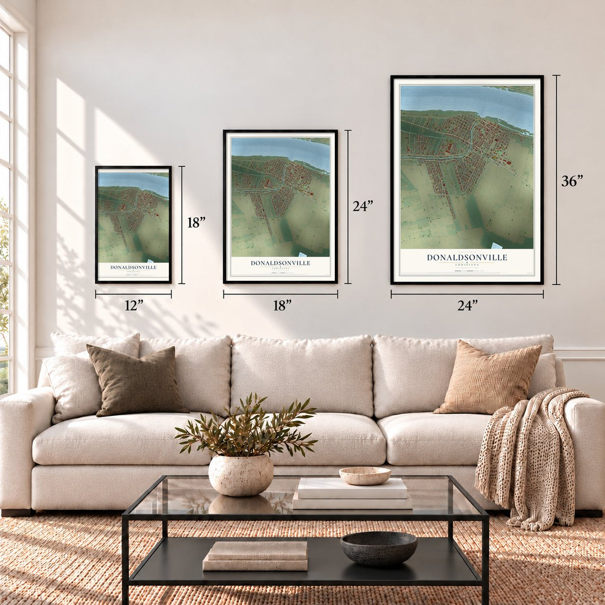 Donaldsonville, Louisiana map in 12 x 18, 18 x 24 and 24 x 36 inch sizes above a sofa