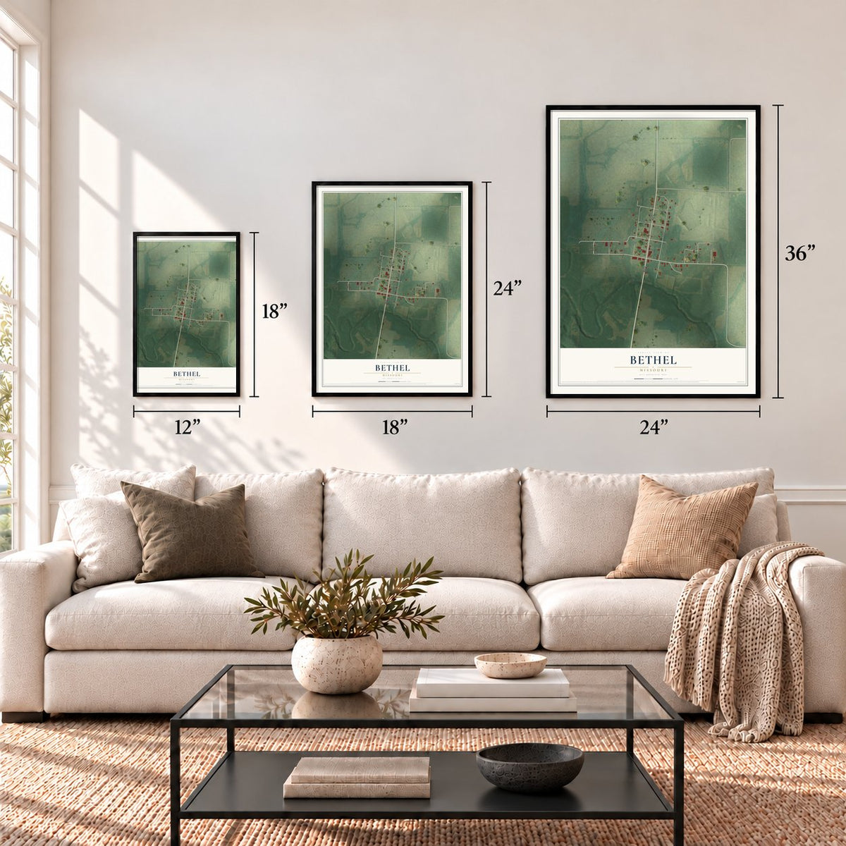 Bethel, Missouri map in 12 x 18, 18 x 24 and 24 x 36 inch sizes above a sofa