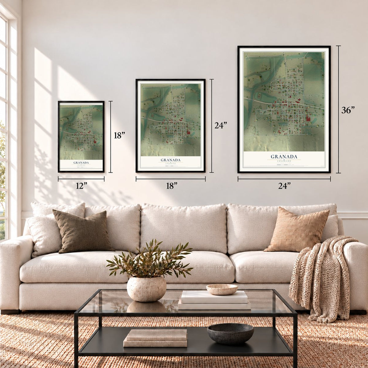 Granada, Colorado map in 12 x 18, 18 x 24 and 24 x 36 inch sizes above a sofa