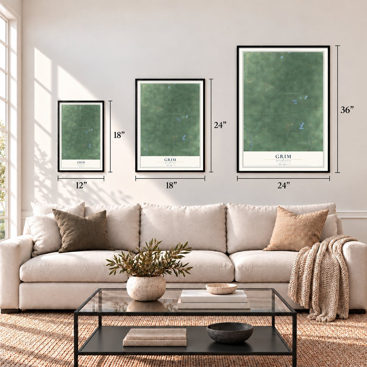 Grim, Michigan map in 12 x 18, 18 x 24 and 24 x 36 inch sizes above a sofa
