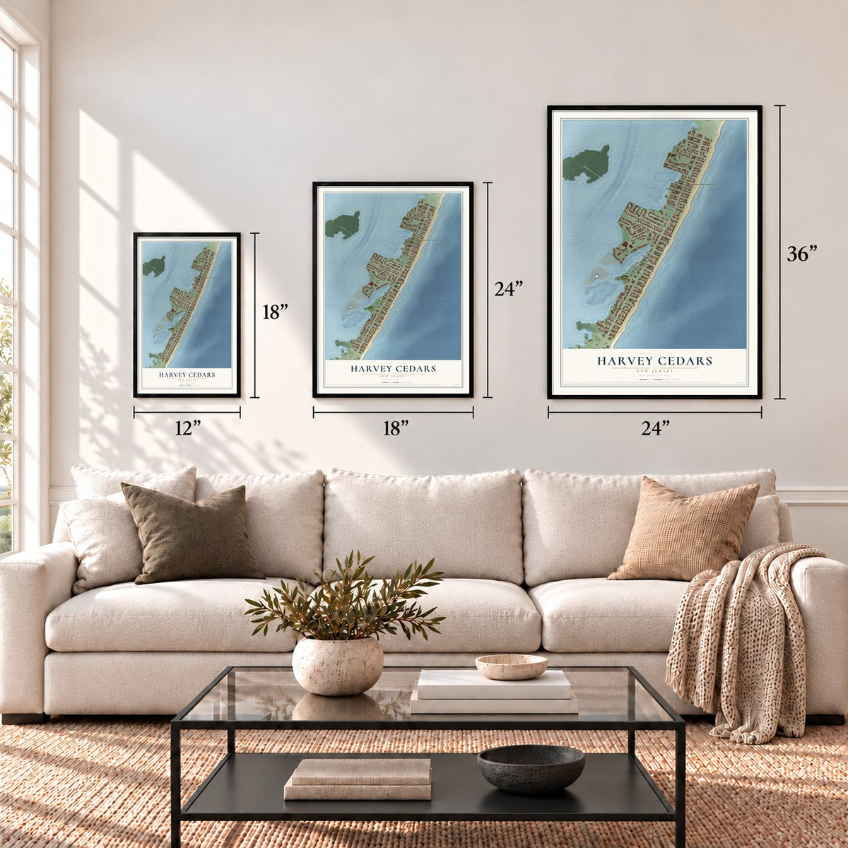 Harvey Cedars, New Jersey map in 12 x 18, 18 x 24 and 24 x 36 inch sizes above a sofa