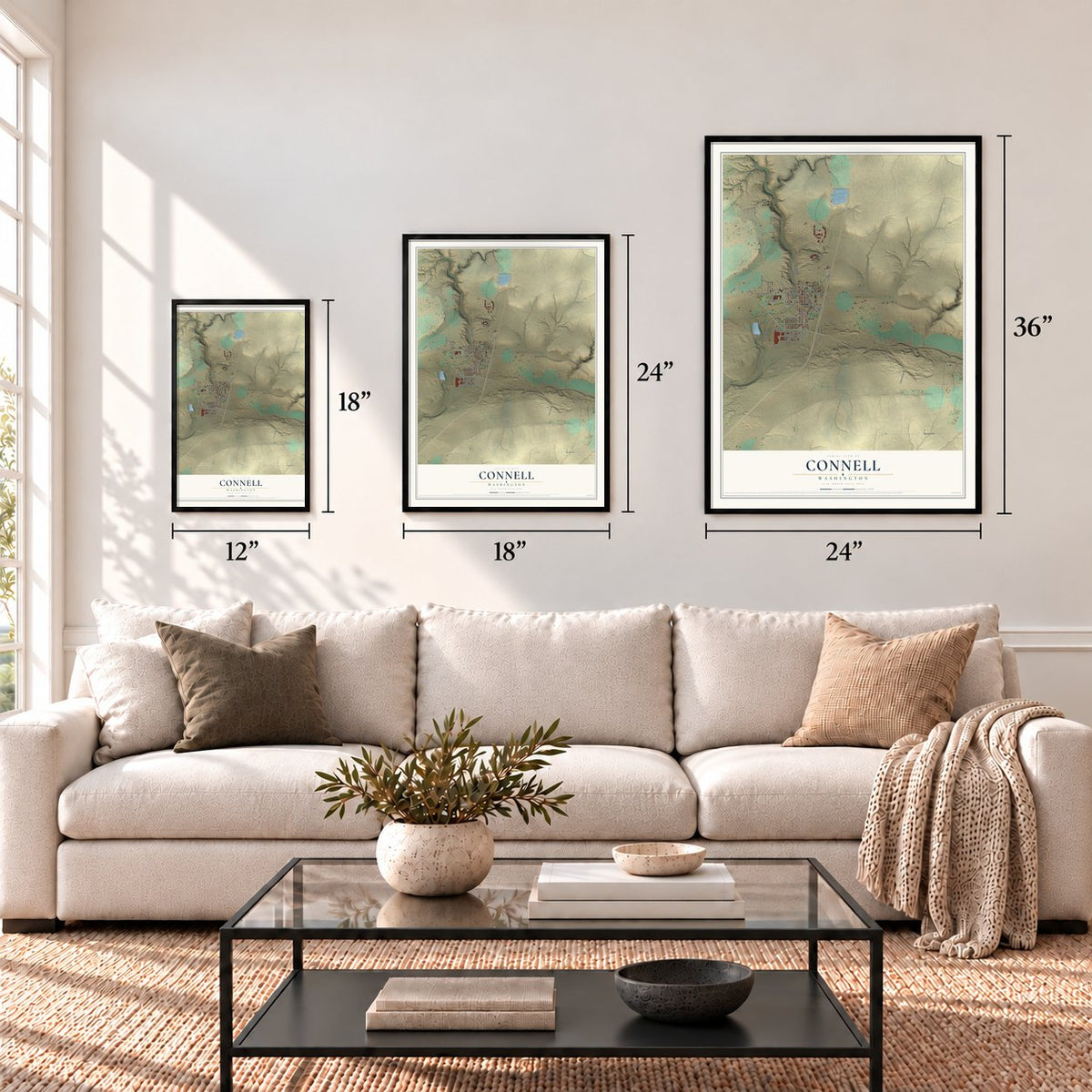 Connell, Washington map in 12 x 18, 18 x 24 and 24 x 36 inch sizes above a sofa