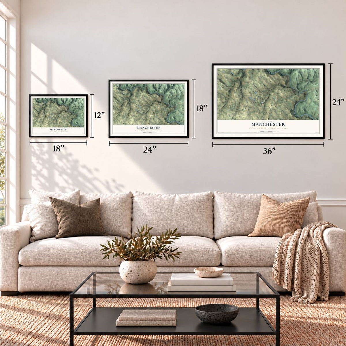 Manchester, Wayne County, Pennsylvania map in 12 x 18, 18 x 24 and 24 x 36 inch sizes above a sofa