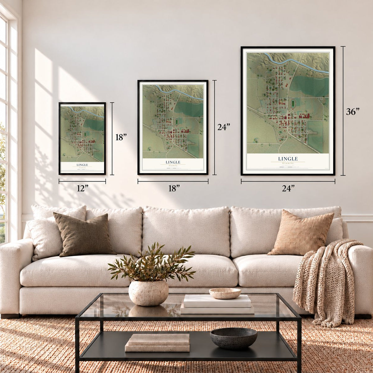Lingle, Wyoming map in 12 x 18, 18 x 24 and 24 x 36 inch sizes above a sofa