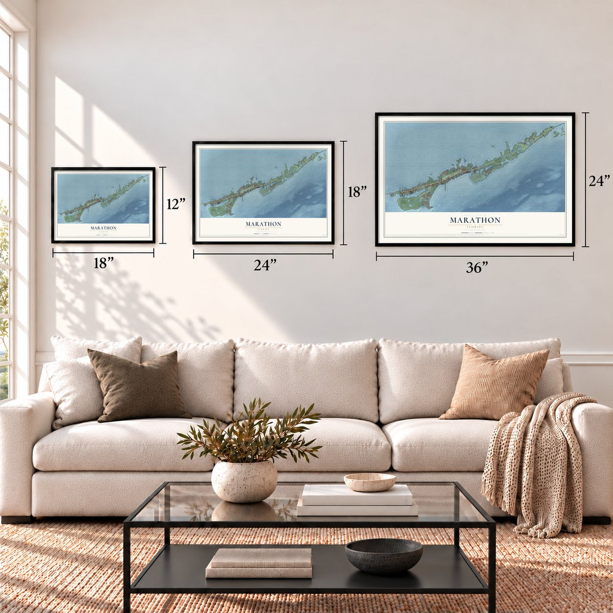 Marathon, Florida map in 12 x 18, 18 x 24 and 24 x 36 inch sizes above a sofa