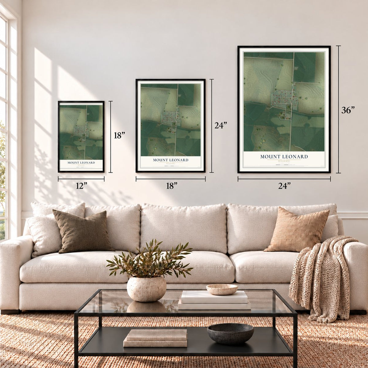Mount Leonard, Missouri map in 12 x 18, 18 x 24 and 24 x 36 inch sizes above a sofa