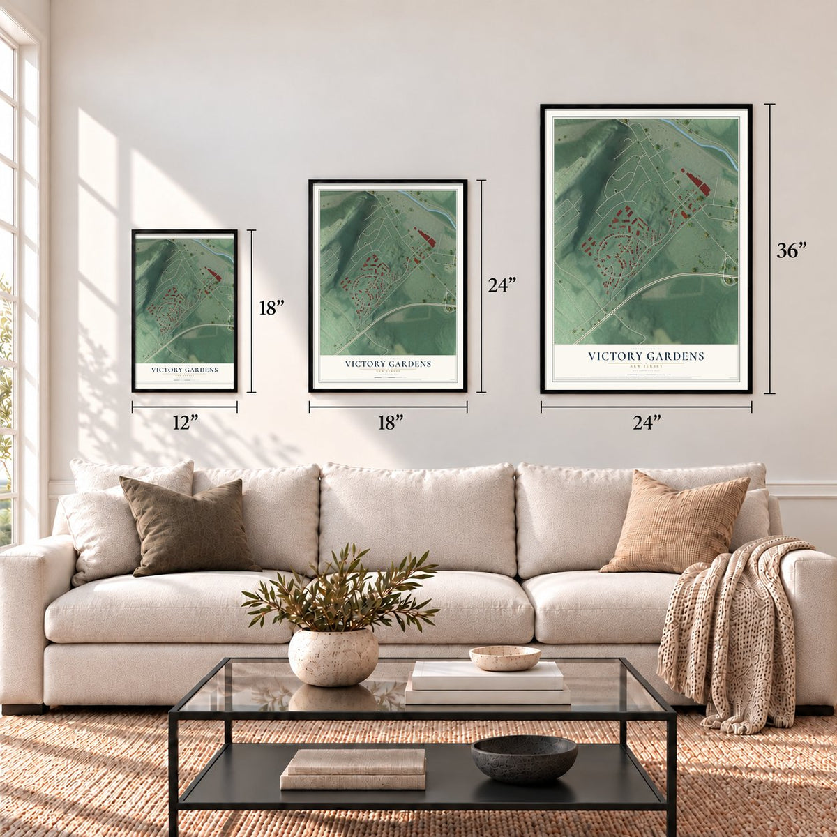 Victory Gardens, New Jersey map in 12 x 18, 18 x 24 and 24 x 36 inch sizes above a sofa