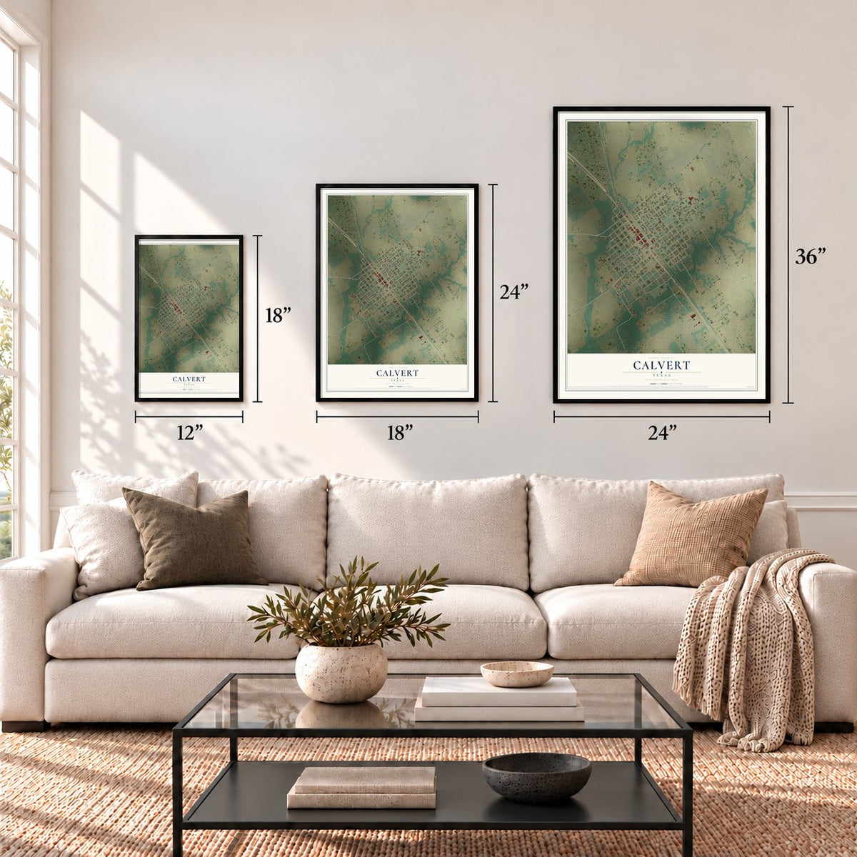 Calvert, Texas map in 12 x 18, 18 x 24 and 24 x 36 inch sizes above a sofa