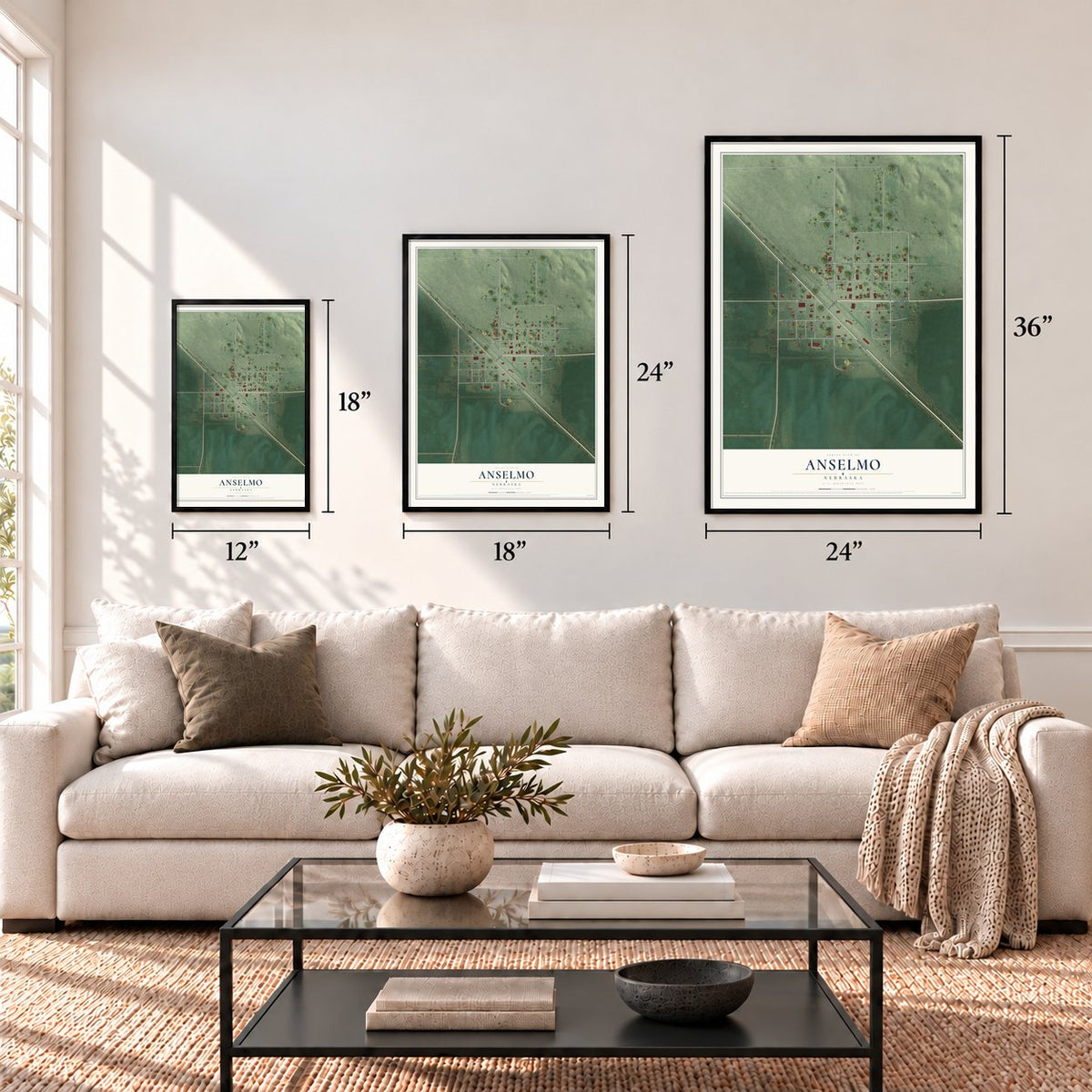 Anselmo, Nebraska map in 12 x 18, 18 x 24 and 24 x 36 inch sizes above a sofa