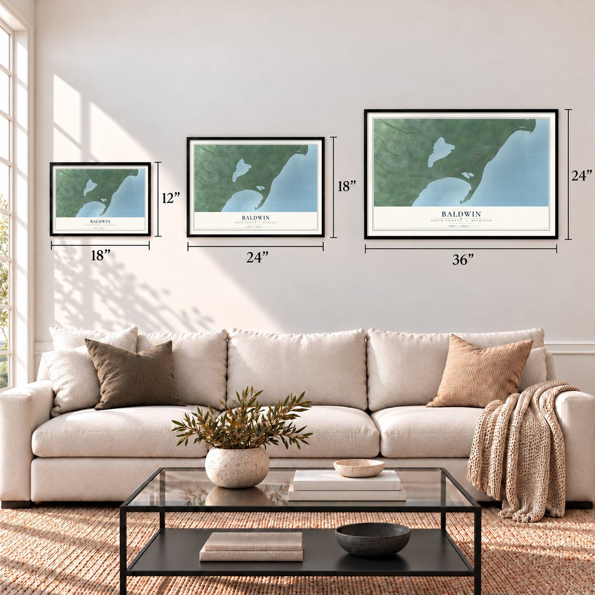 Baldwin, Iosco County, Michigan map in 12 x 18, 18 x 24 and 24 x 36 inch sizes above a sofa