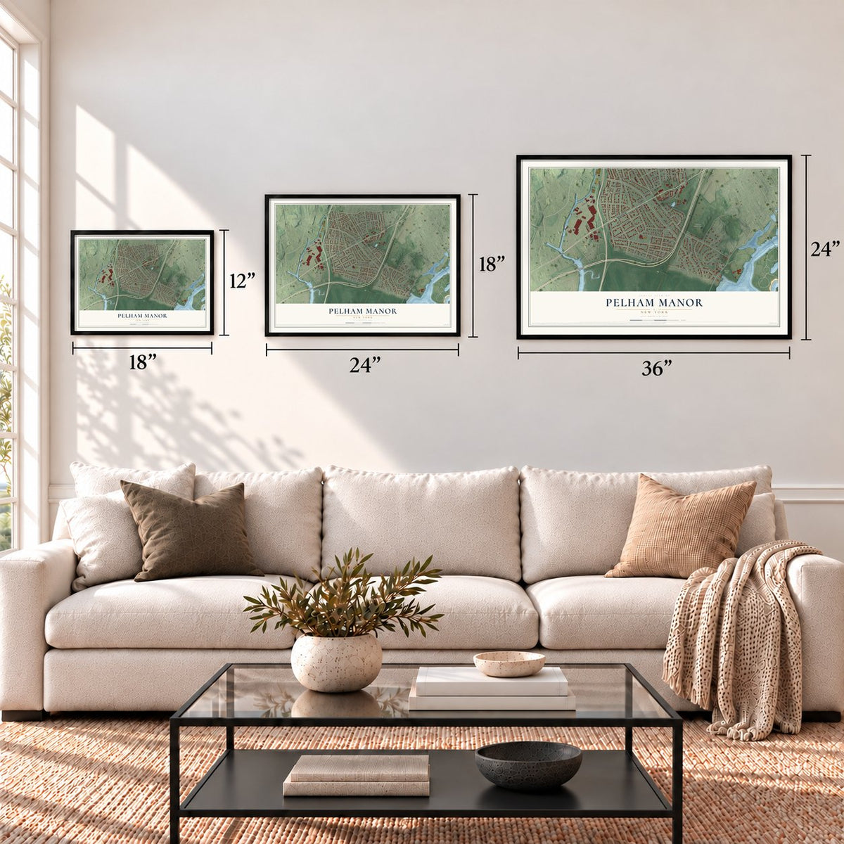 Pelham Manor, New York map in 12 x 18, 18 x 24 and 24 x 36 inch sizes above a sofa
