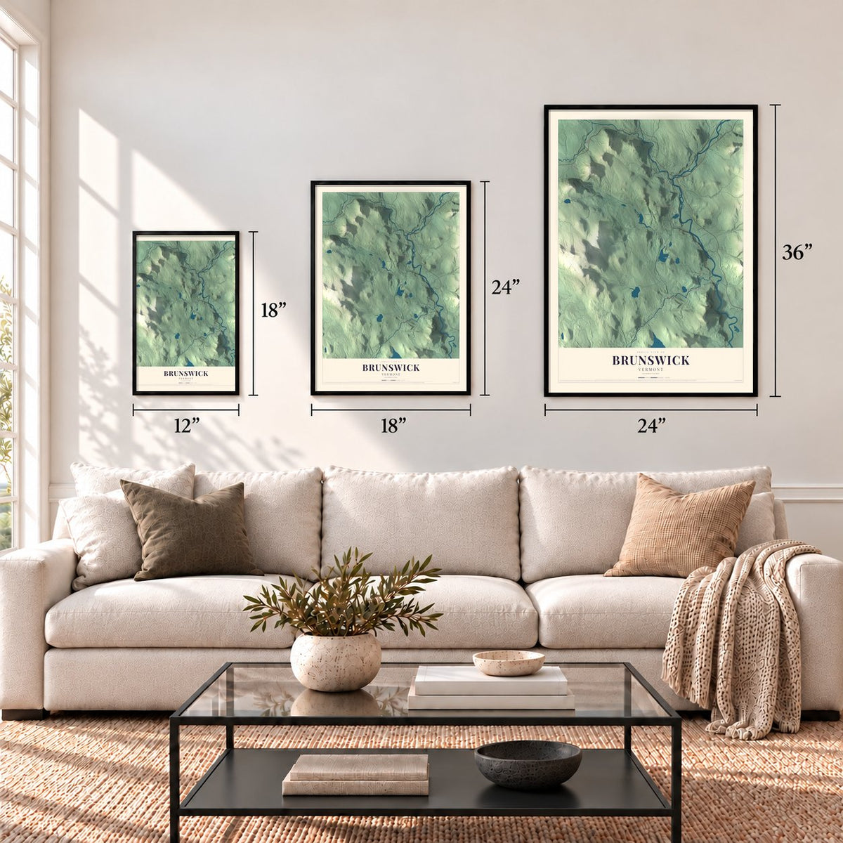 Brunswick, Vermont map in 12 x 18, 18 x 24 and 24 x 36 inch sizes above a sofa