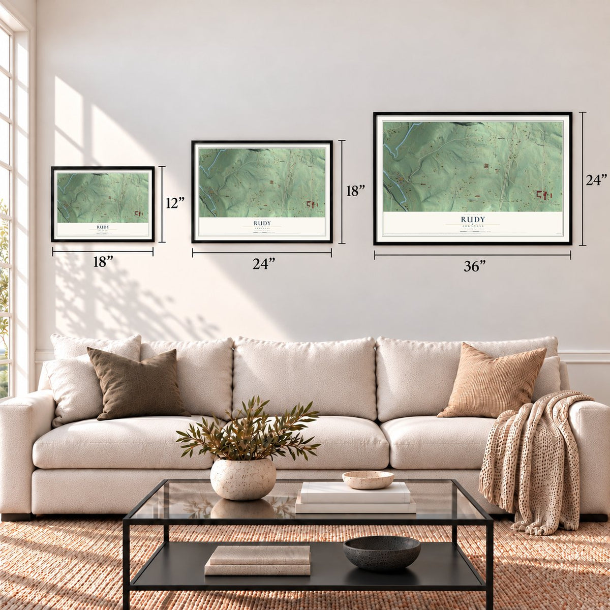 Rudy, Arkansas map in 12 x 18, 18 x 24 and 24 x 36 inch sizes above a sofa
