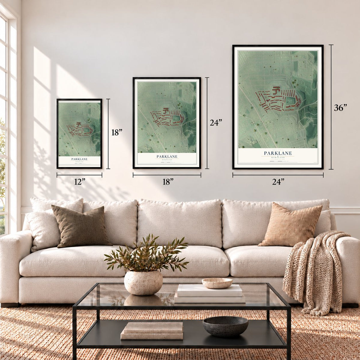 Parklane, Maryland map in 12 x 18, 18 x 24 and 24 x 36 inch sizes above a sofa