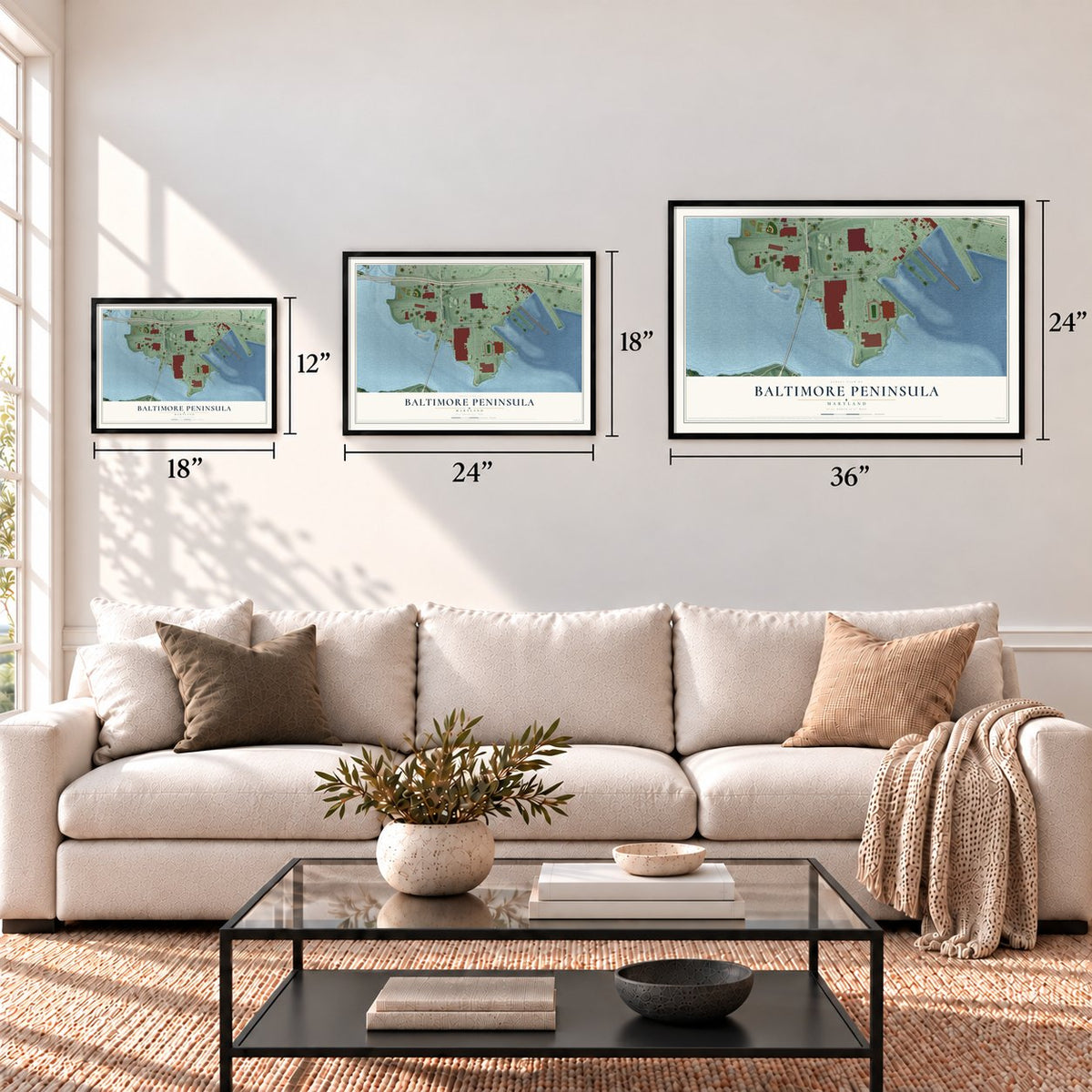 Baltimore Peninsula, Maryland map in 12 x 18, 18 x 24 and 24 x 36 inch sizes above a sofa