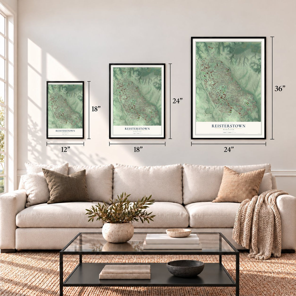 Reisterstown, Maryland map in 12 x 18, 18 x 24 and 24 x 36 inch sizes above a sofa