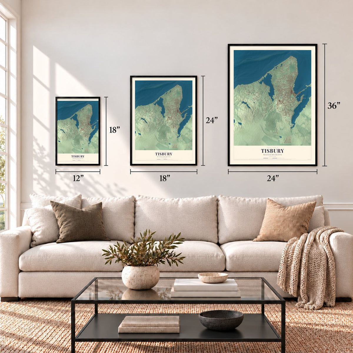 Tisbury, Massachusetts map in 12 x 18, 18 x 24 and 24 x 36 inch sizes above a sofa