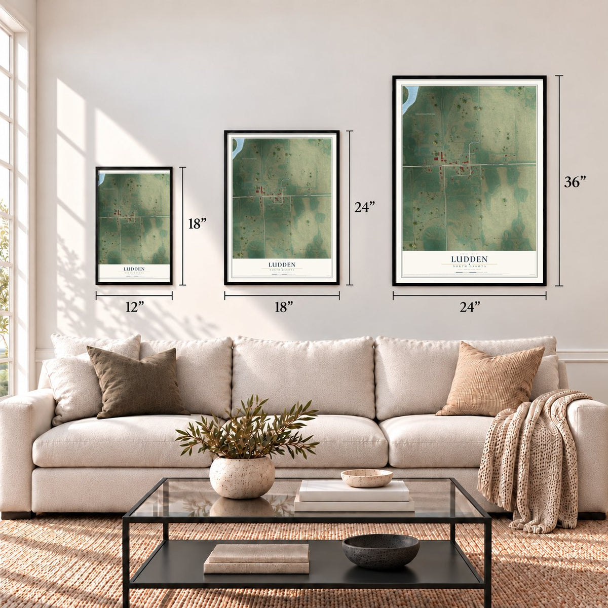 Ludden, North Dakota map in 12 x 18, 18 x 24 and 24 x 36 inch sizes above a sofa