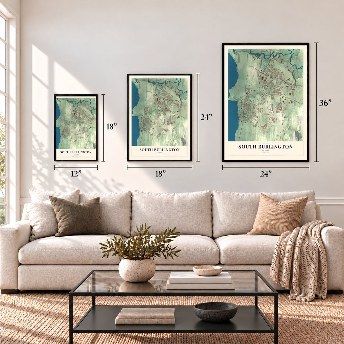 South Burlington, Vermont map in 12 x 18, 18 x 24 and 24 x 36 inch sizes above a sofa