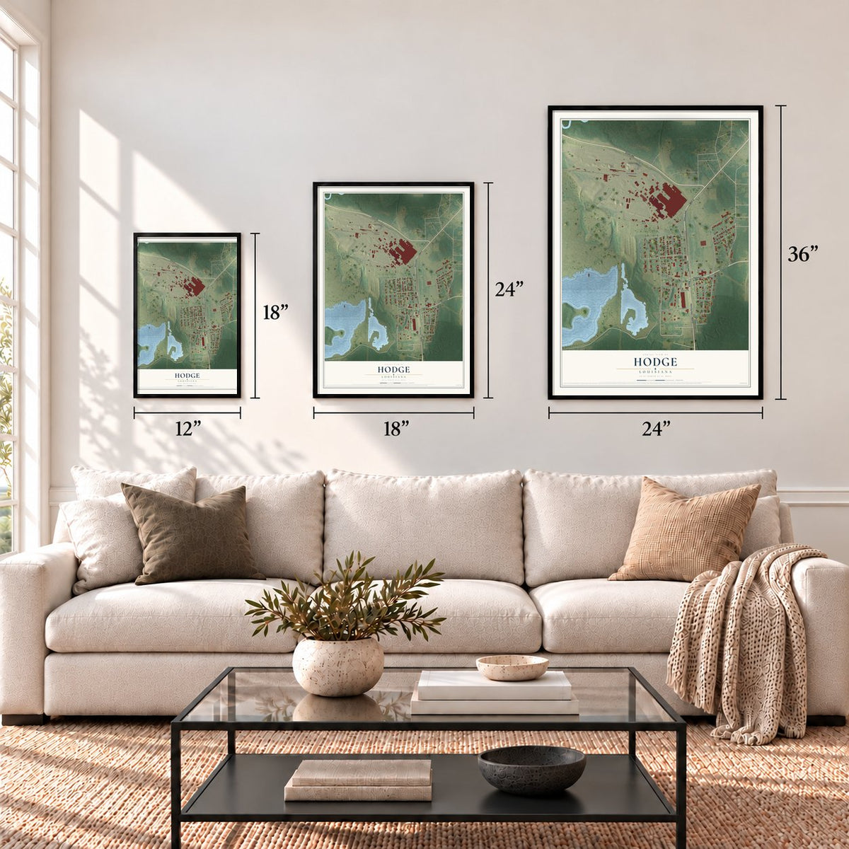 Hodge, Louisiana map in 12 x 18, 18 x 24 and 24 x 36 inch sizes above a sofa