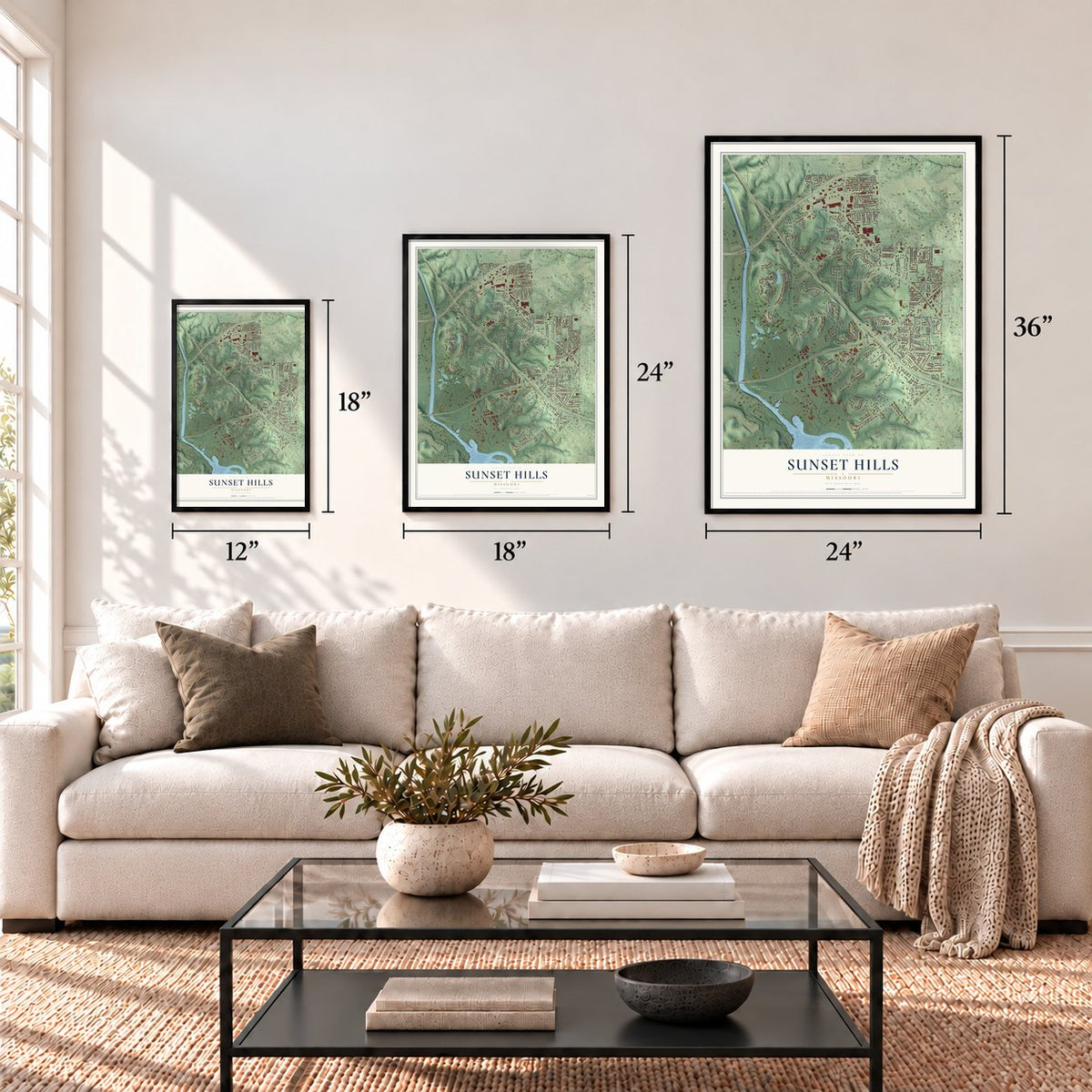 Sunset Hills, Missouri map in 12 x 18, 18 x 24 and 24 x 36 inch sizes above a sofa
