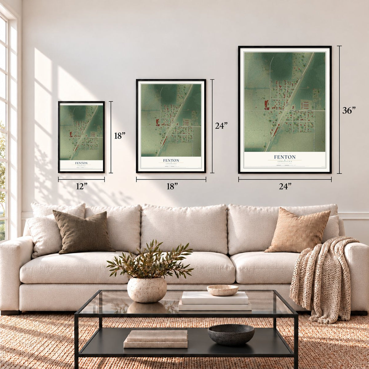 Fenton, Louisiana map in 12 x 18, 18 x 24 and 24 x 36 inch sizes above a sofa