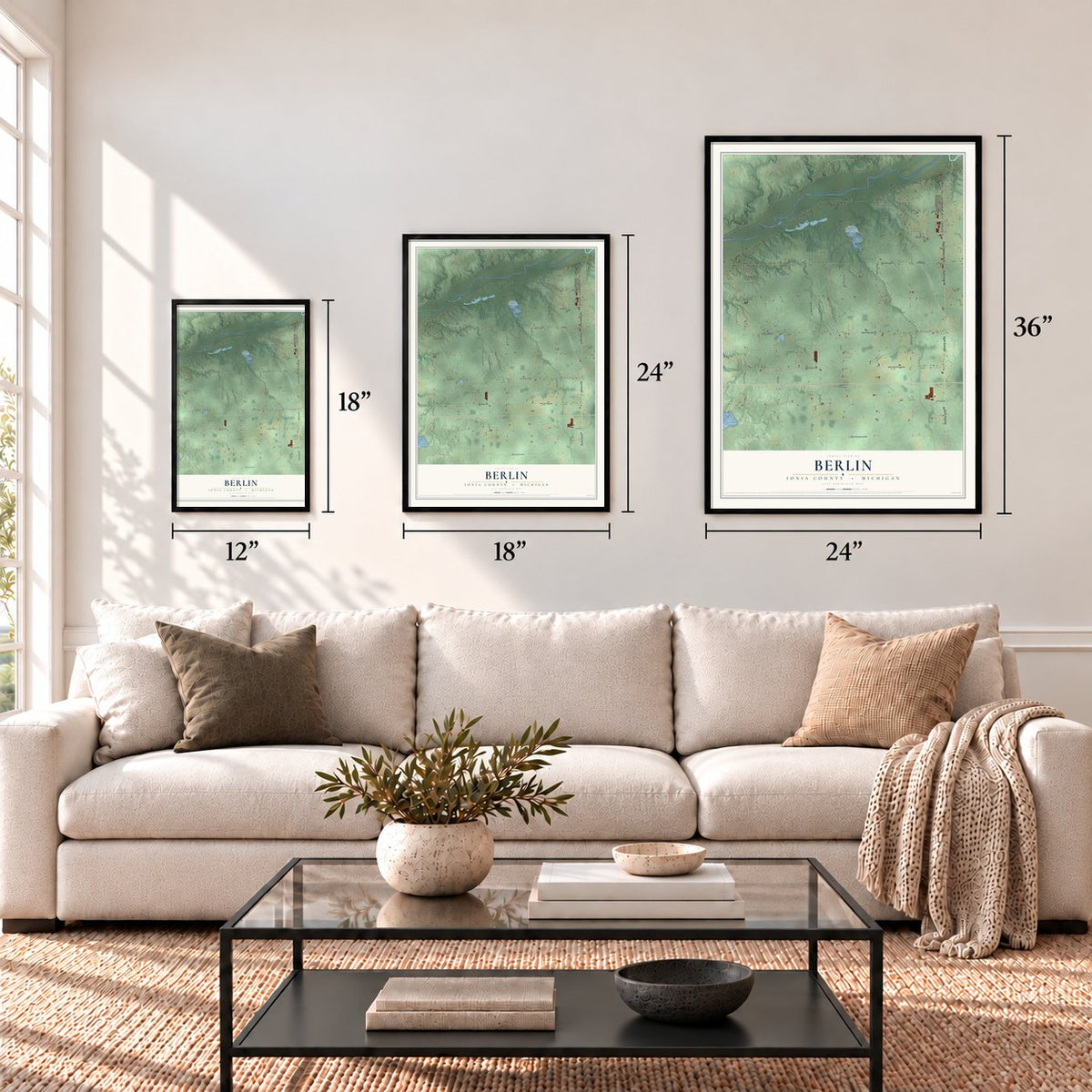 Berlin, Ionia County, Michigan map in 12 x 18, 18 x 24 and 24 x 36 inch sizes above a sofa