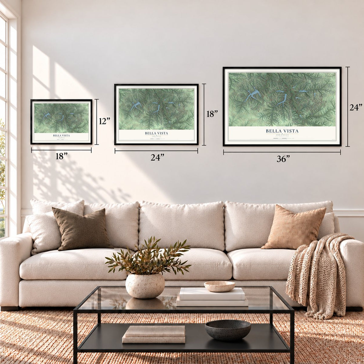 Bella Vista, Arkansas map in 12 x 18, 18 x 24 and 24 x 36 inch sizes above a sofa