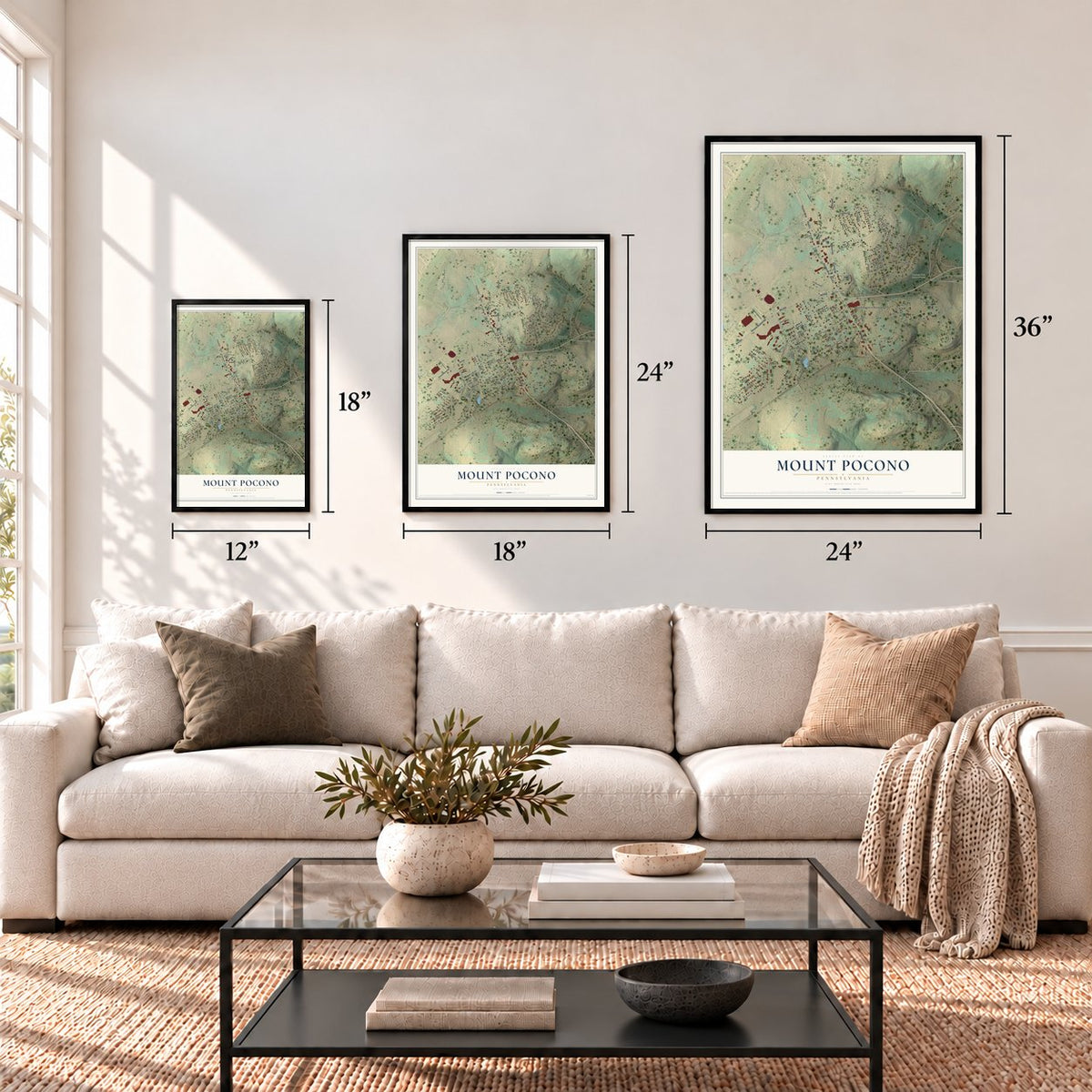 Mount Pocono, Pennsylvania map in 12 x 18, 18 x 24 and 24 x 36 inch sizes above a sofa