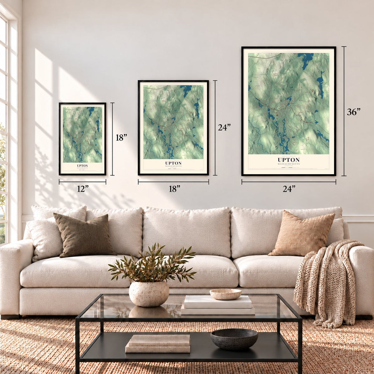 Upton, Massachusetts map in 12 x 18, 18 x 24 and 24 x 36 inch sizes above a sofa