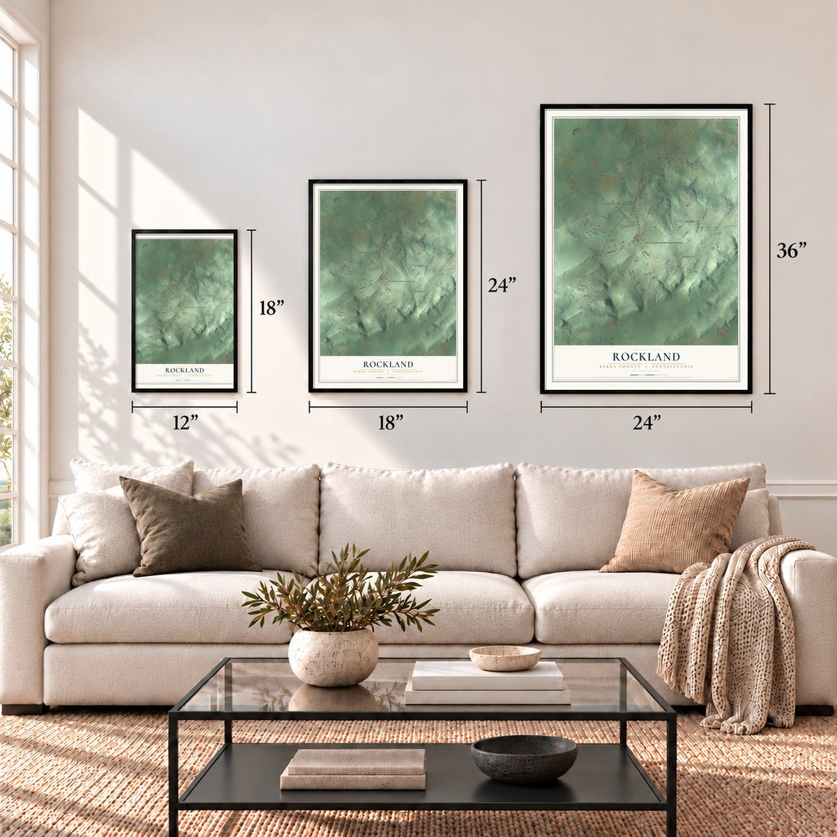 Rockland, Berks County, Pennsylvania map in 12 x 18, 18 x 24 and 24 x 36 inch sizes above a sofa
