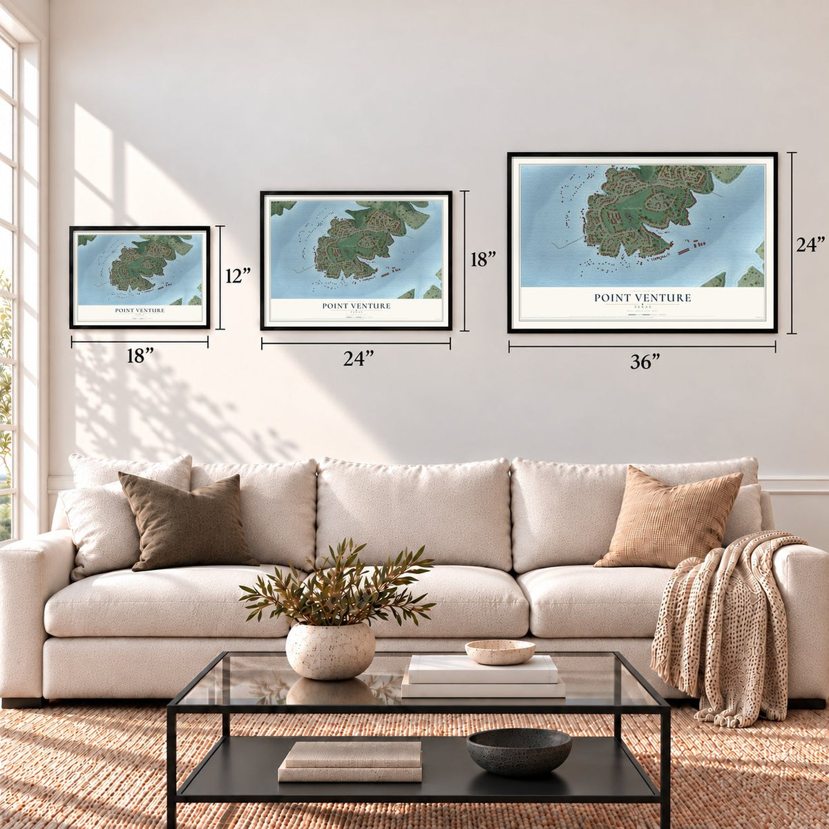 Point Venture, Texas map in 12 x 18, 18 x 24 and 24 x 36 inch sizes above a sofa
