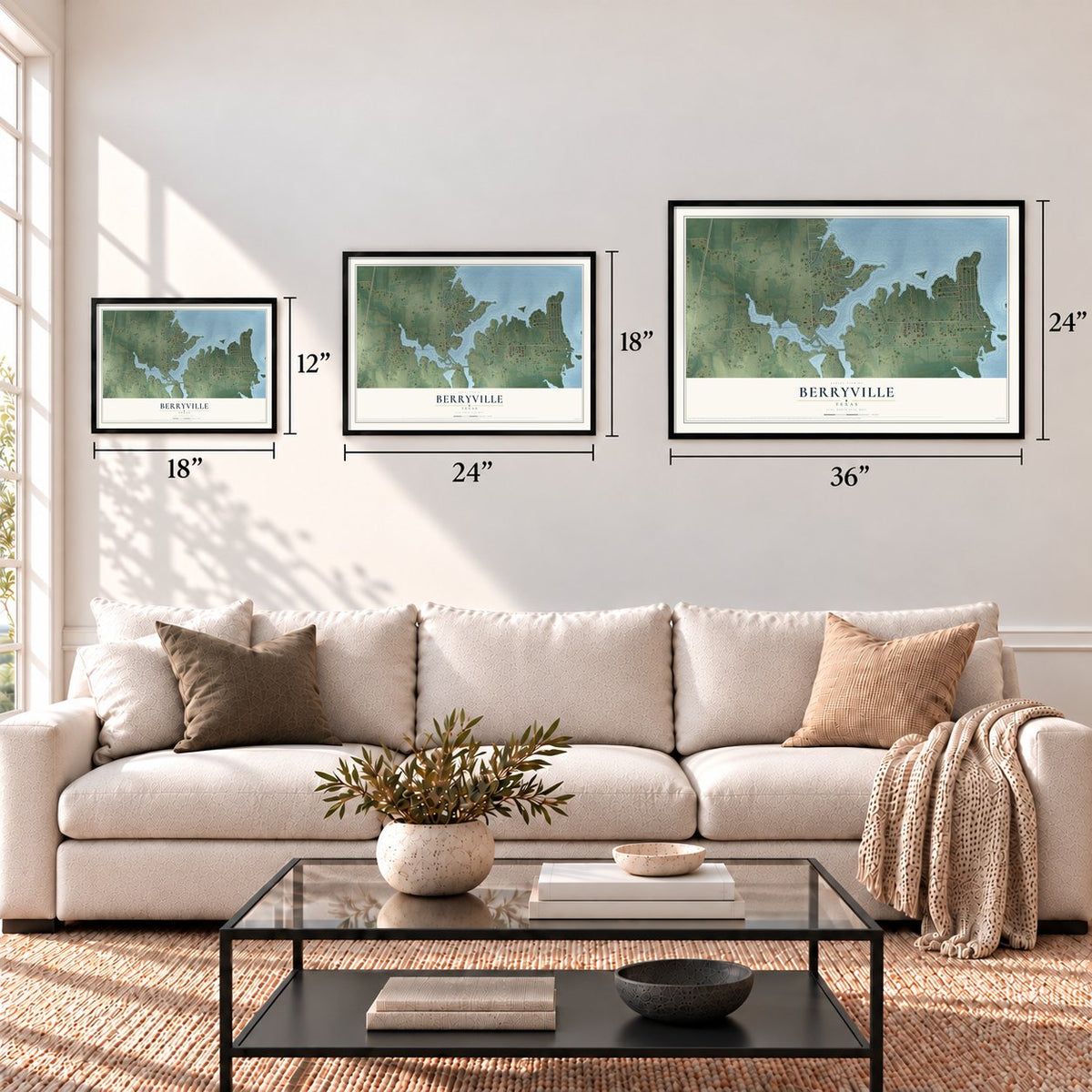 Berryville, Texas map in 12 x 18, 18 x 24 and 24 x 36 inch sizes above a sofa