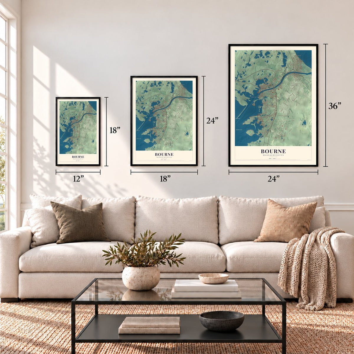 Bourne, Massachusetts map in 12 x 18, 18 x 24 and 24 x 36 inch sizes above a sofa