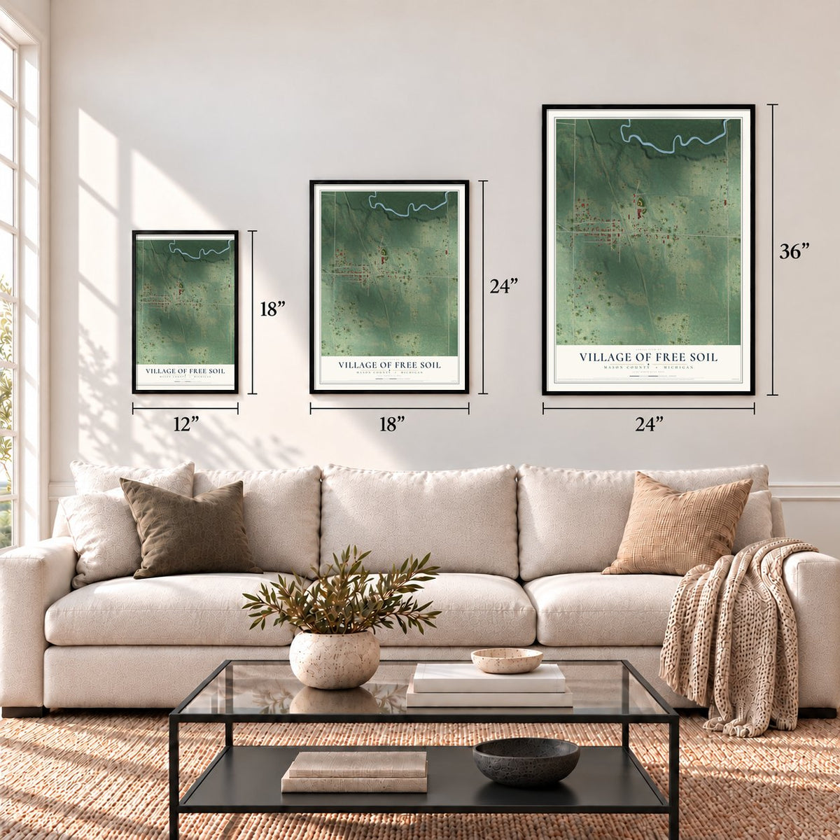 Free Soil, Michigan map in 12 x 18, 18 x 24 and 24 x 36 inch sizes above a sofa