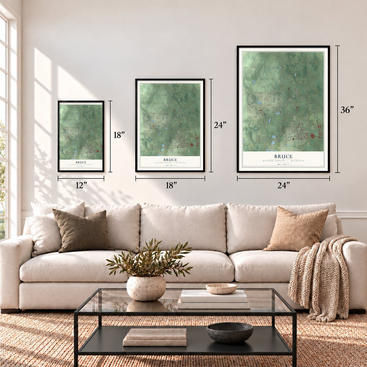 Bruce, Macomb County, Michigan map in 12 x 18, 18 x 24 and 24 x 36 inch sizes above a sofa