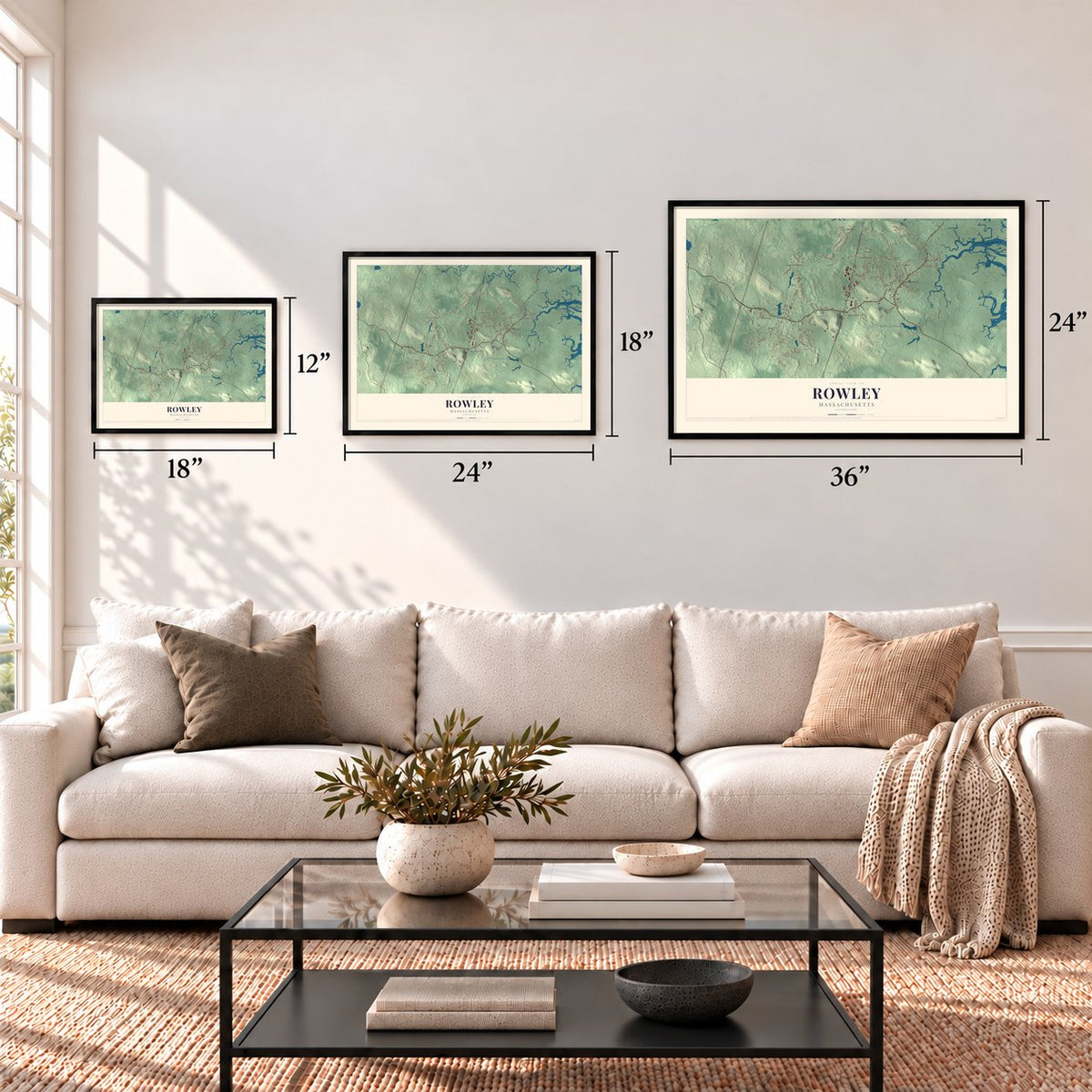 Rowley, Massachusetts map in 12 x 18, 18 x 24 and 24 x 36 inch sizes above a sofa