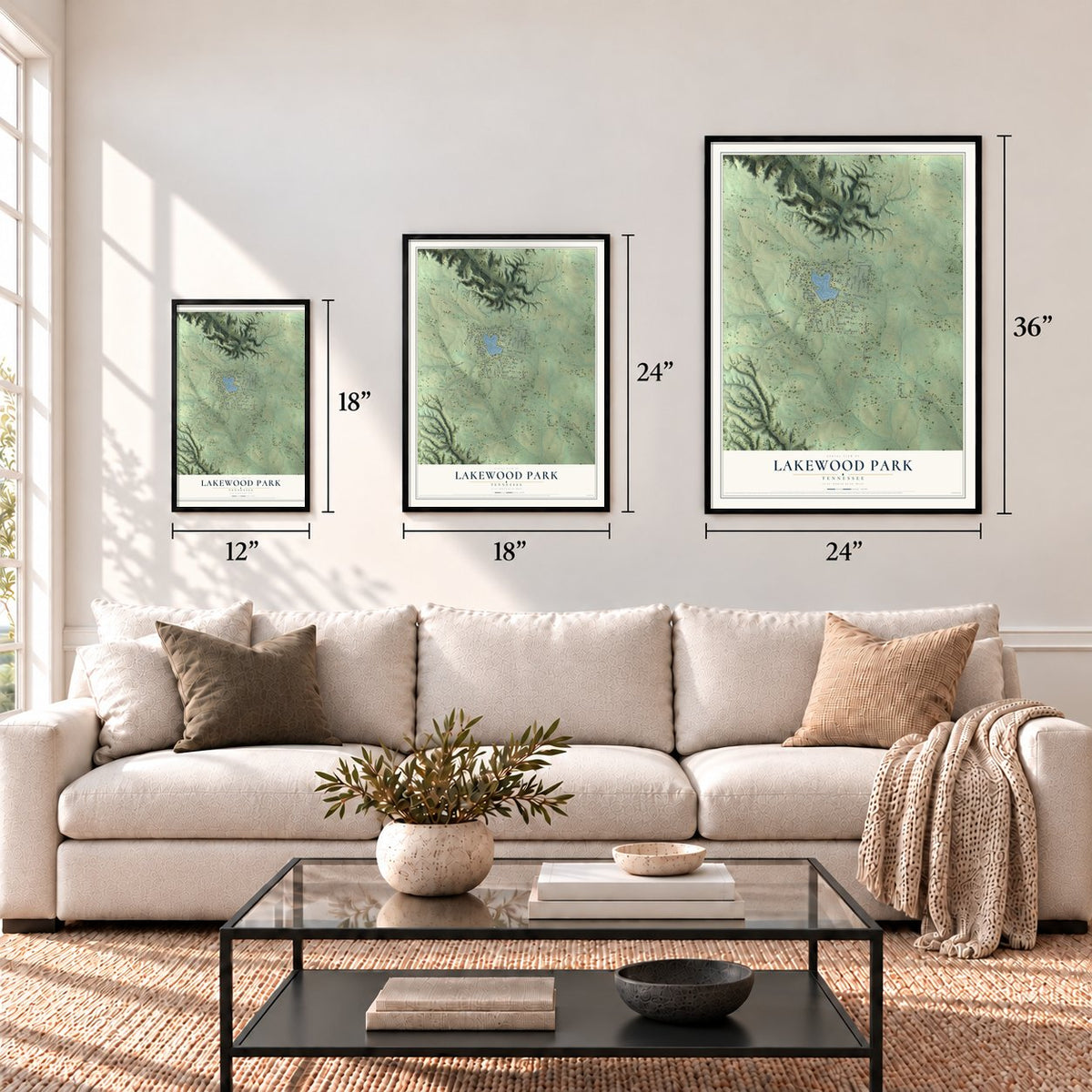 Lakewood Park, Tennessee map in 12 x 18, 18 x 24 and 24 x 36 inch sizes above a sofa