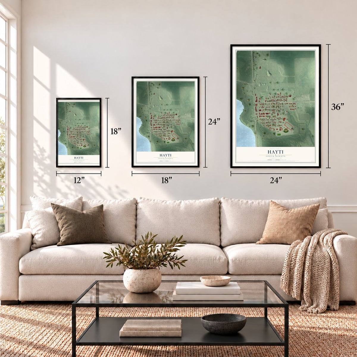 Hayti, South Dakota map in 12 x 18, 18 x 24 and 24 x 36 inch sizes above a sofa