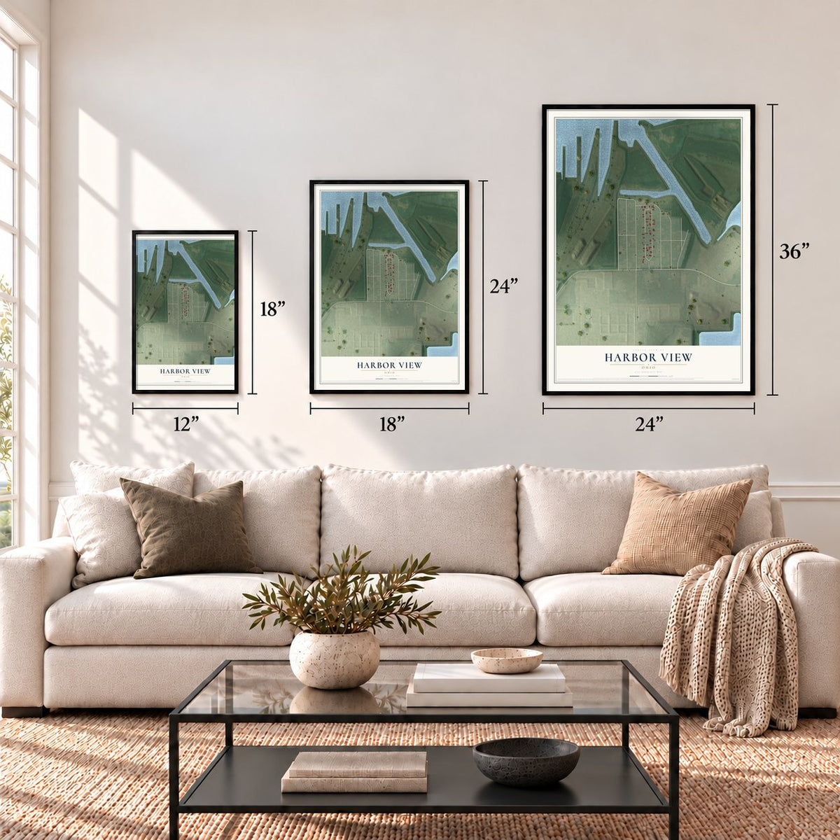 Harbor View, Ohio map in 12 x 18, 18 x 24 and 24 x 36 inch sizes above a sofa