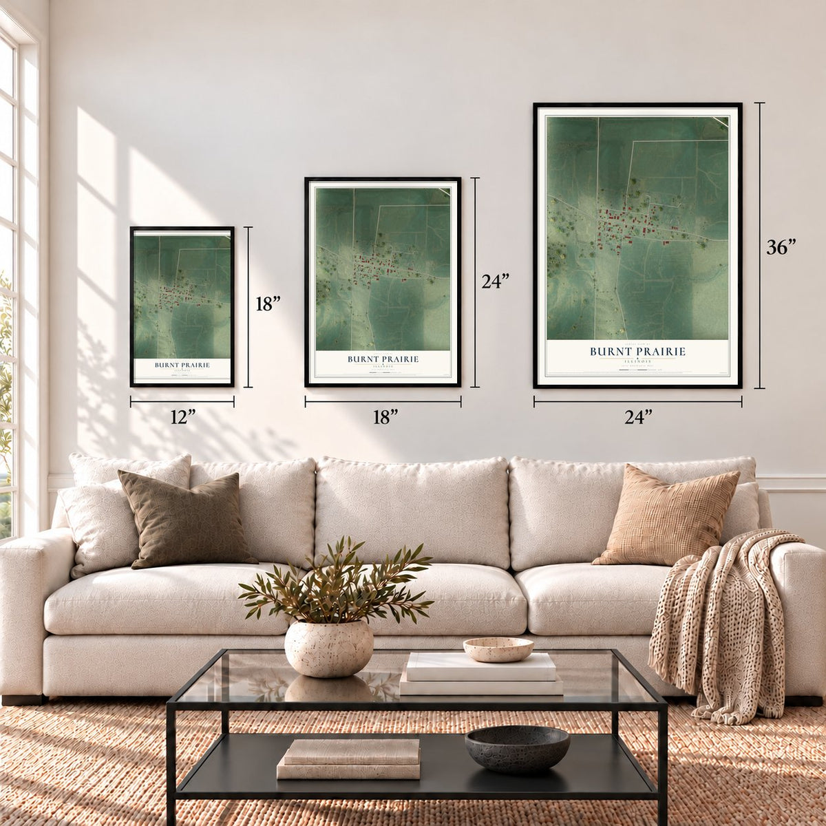 Burnt Prairie, Illinois map in 12 x 18, 18 x 24 and 24 x 36 inch sizes above a sofa