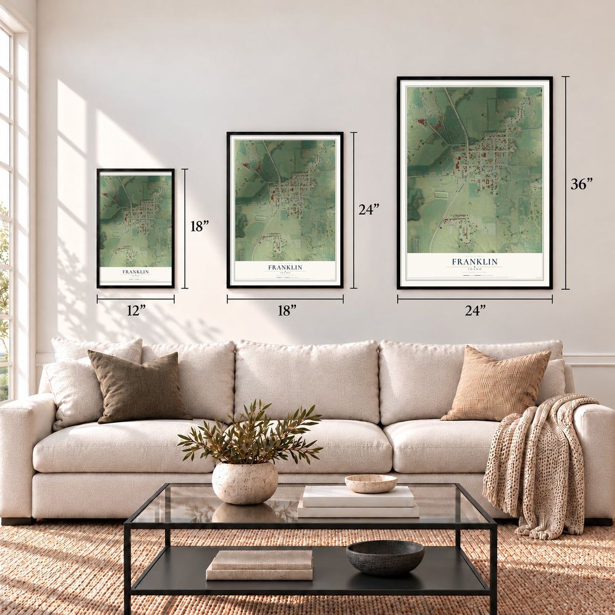 Franklin, Idaho map in 12 x 18, 18 x 24 and 24 x 36 inch sizes above a sofa