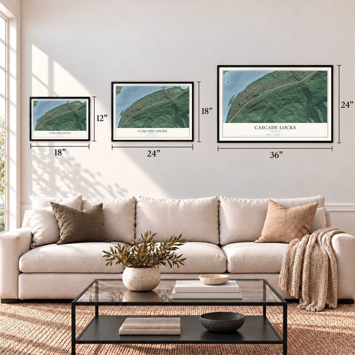 Cascade Locks, Oregon map in 12 x 18, 18 x 24 and 24 x 36 inch sizes above a sofa